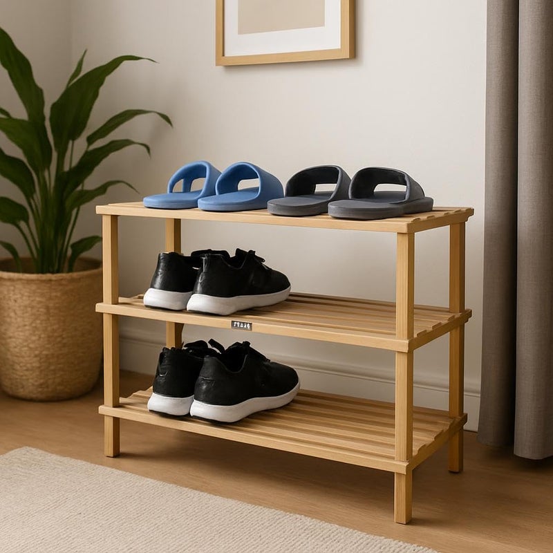 Fitto Wooden Shoe Rack 3 Layer, Natural Wood Color, 74x26x48.5cm - Image 2