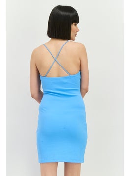 MANGO Women Ribbed Mini Dress, Sky Blue  - Image 3