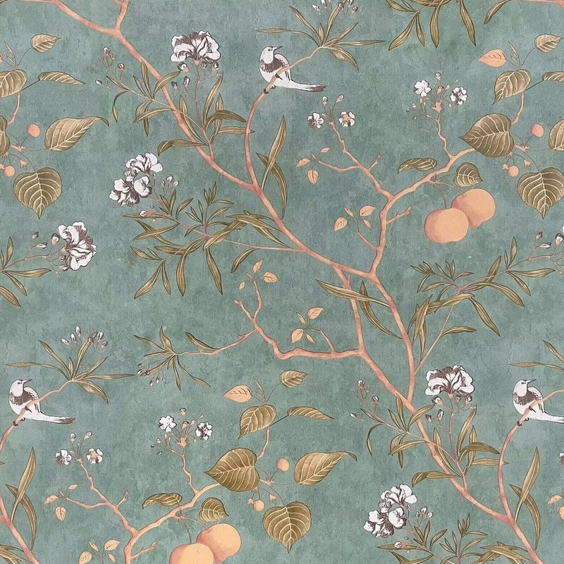 Laatse Green Floral Wallpaper Peel and Stick Bird Wallpaper 17.5" x 78.7" Vintage Floral Contact Paper Waterproof Vinyl Self Adhesive Modern Wall Paper Wall Covering for Bedroom Walls Cabinet Locker - Image 1