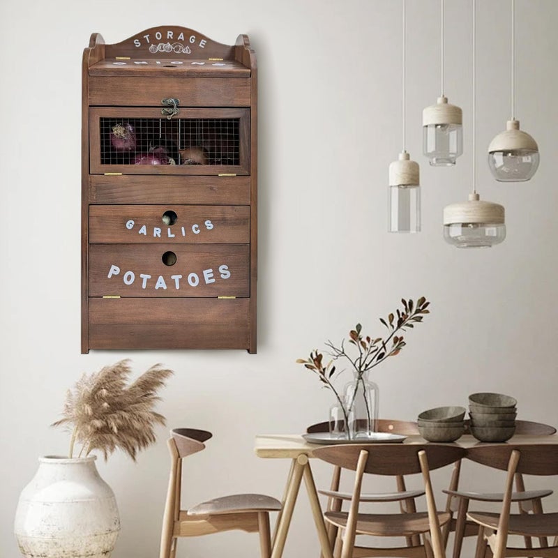 ARTAWEIN Pine Wood Veggie Bin for Potato, Onion and 1 Garlic Drawer Vegetable Box for Kitchen Storage, Solid Wood Vegetable Bin 13.77" L X 7.1" W X 29.3" H (Rustic Walnut) - Image 3