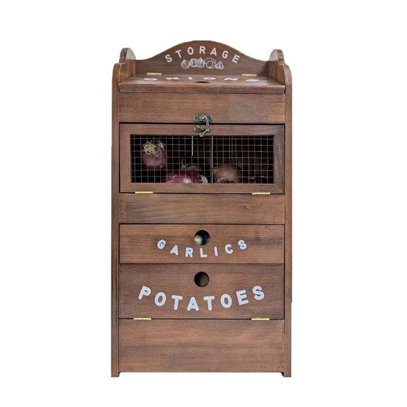 ARTAWEIN Pine Wood Veggie Bin for Potato, Onion and 1 Garlic Drawer Vegetable Box for Kitchen Storage, Solid Wood Vegetable Bin 13.77" L X 7.1" W X 29.3" H (Rustic Walnut) - Image 1