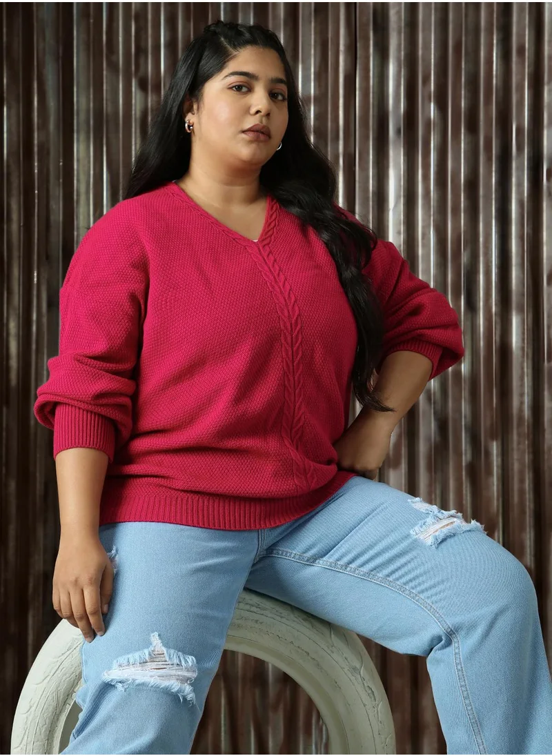 هاي ستار Women's Pink 100% Acrylic Solid Relaxed Fit Sweater