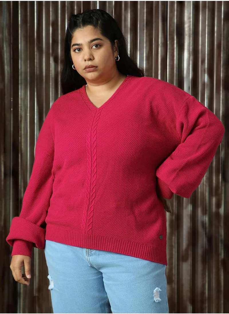 هاي ستار Women's Pink 100% Acrylic Solid Relaxed Fit Sweater