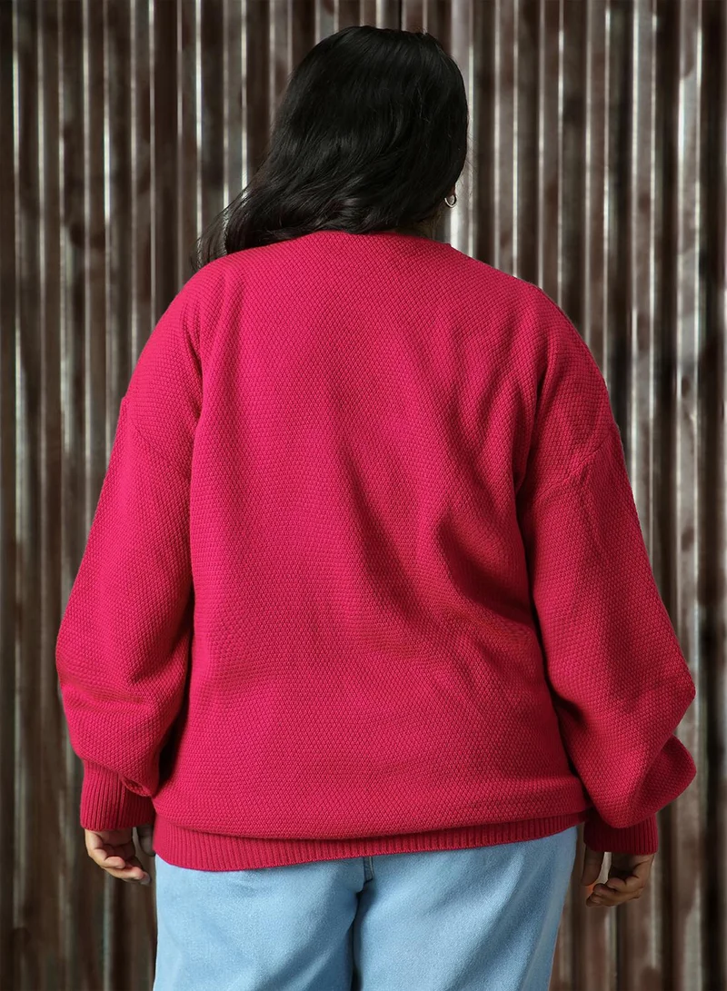 HIGH STAR Women's Pink 100% Acrylic Solid Relaxed Fit Sweater