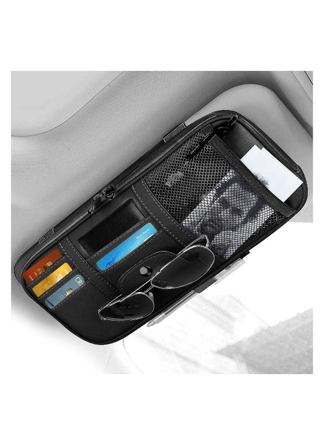 Generic Car Sun Visor Organizer Car Truck SUV Storage Pouch Registration Holder Auto Interior Accessories Leather Pocket Organizer Multi-Pocket Net Zipper for Card License Pen Key Sunglasses Black  - Image 1