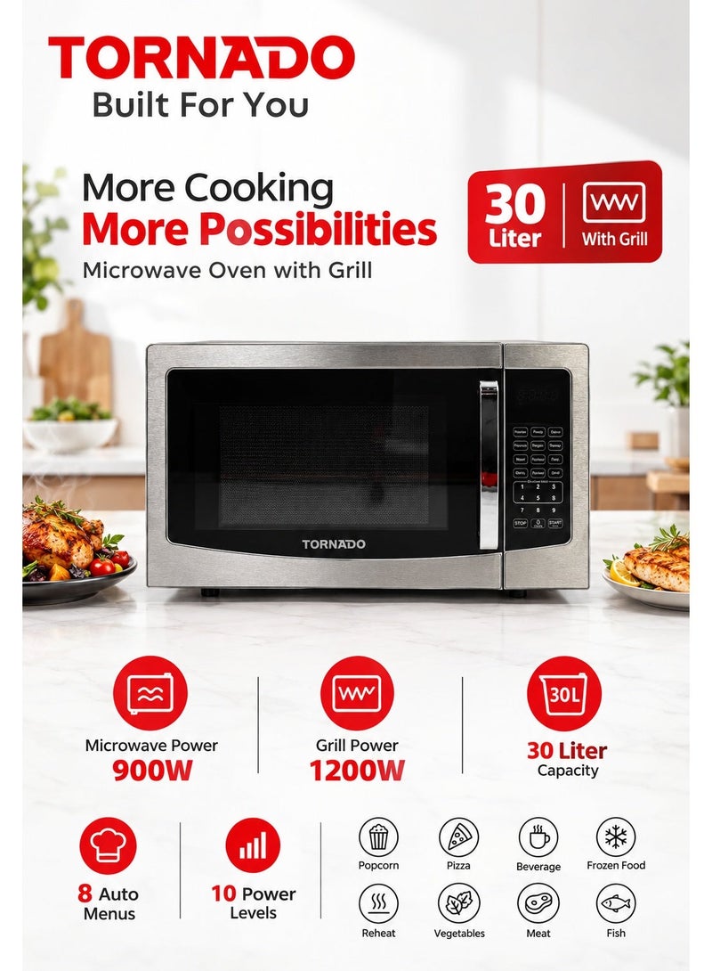 TORNADO 30L Digital Microwave Oven with Grill, 900W Microwave Power, 1200W Grill Power, Touch Control Panel, 8 Auto Menus, 10 Power Levels, Child Safety Lock, Defrost, Silver - TWDG-30L-S-E-1-Year Free Warranty - Image 1