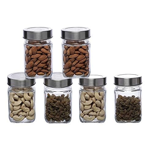 SIMPARTE Multipurpose 310ml Transparent Glass JarBarni for Kitchen Aachar Pickle Chutney Dry Fruits Masala Grocery Grains Storage with Silver SeeThrough Cap Set of 6 - Image 1