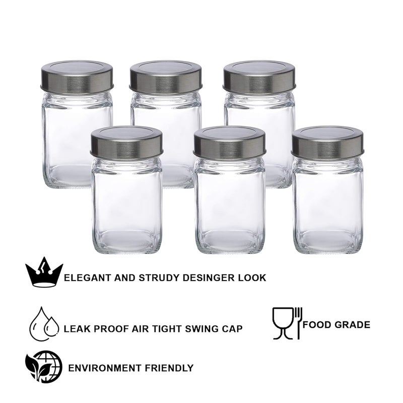 SIMPARTE Multipurpose 310ml Transparent Glass JarBarni for Kitchen Aachar Pickle Chutney Dry Fruits Masala Grocery Grains Storage with Silver SeeThrough Cap Set of 6 - Image 4
