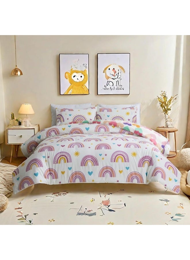 Generic Btargot Lightweight Soft 3 Piece Rainbow Comforter Set with 2 Pillow Covers, Cartoon Love Hearts Suns and Stars Bedding Set for Girls Boys Kids, Twin Purple  - Image 1