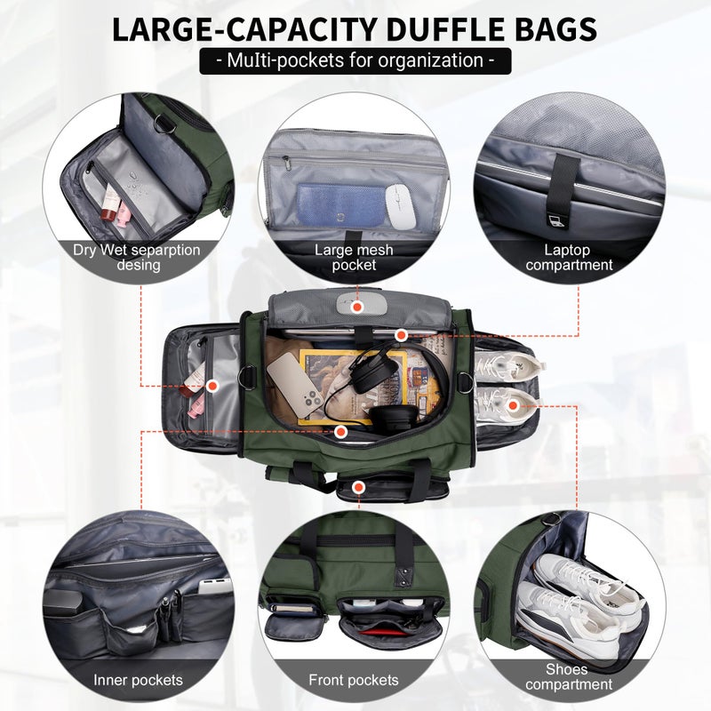 WITZMAN Travel Duffel Bags for Men Large Carry On Weekender Overnight Bag 3 in 1 Backpack with Shoe Compartment (B693 Army Greenï¼‰ - Image 3