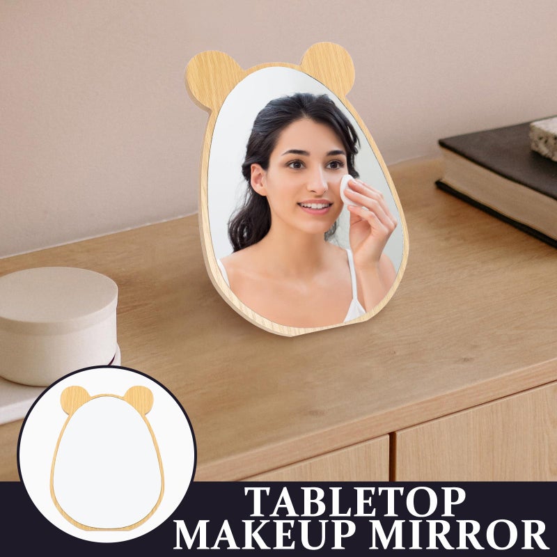 Wooden Tabletop Makeup Mirror with Bear Design Small Desk Cosmetic Mirror for Dorm Room - Image 4