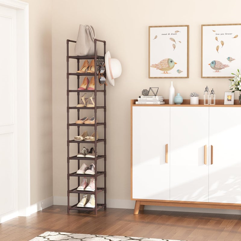 LANTEFUL Tall Shoe Rack 10-Tier Narrow Shoe Shelf Storage for 10-15 Pairs Shoe and Boot, Sturdy Shoe Storage Space Saving Corner Shoe Rack Organizer for Closet, Entryway, Living Room, Brown - Image 2