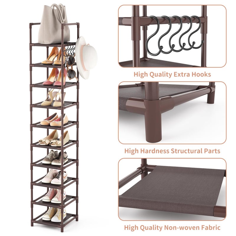 LANTEFUL Tall Shoe Rack 10-Tier Narrow Shoe Shelf Storage for 10-15 Pairs Shoe and Boot, Sturdy Shoe Storage Space Saving Corner Shoe Rack Organizer for Closet, Entryway, Living Room, Brown - Image 4