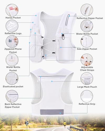 Zelvot Running Vest for Women Men, USA Original Patent, Adjustable Chest Straps Running Hydration Vest with 500ml Soft Flask, Lightweight Reflective Hydration Backpack for Marathon (White, M/L) - Image 5