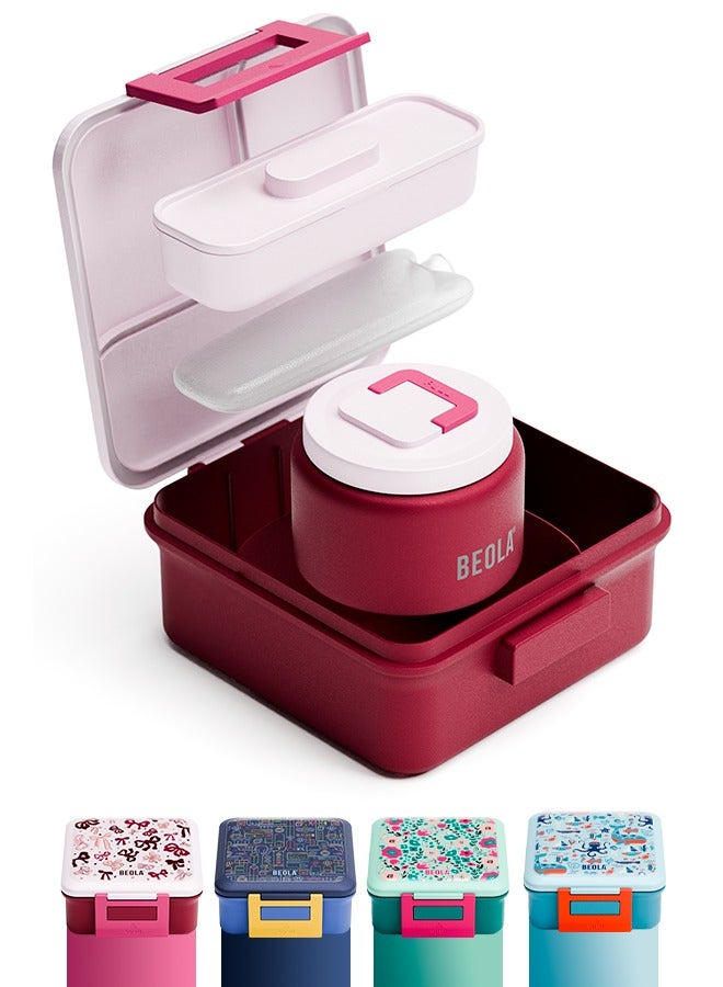 BEOLA Lunch Box for Kids with Food Jar Inside, Multi Compartment Bento Lunch Box with 240ml Food Thermos and Ice Pack, Tiffin Box for Kids with Insulated Steel Jar, Lightweight BPA free (Blush&Bows)  - Image 1