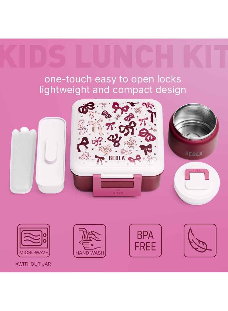 BEOLA Lunch Box for Kids with Food Jar Inside, Multi Compartment Bento Lunch Box with 240ml Food Thermos and Ice Pack, Tiffin Box for Kids with Insulated Steel Jar, Lightweight BPA free (Blush&Bows)  - Image 3