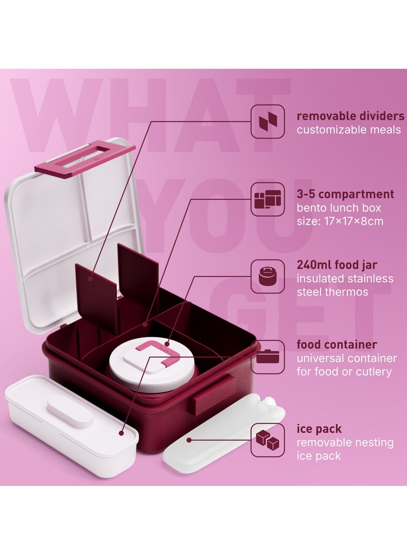 BEOLA Lunch Box for Kids with Food Jar Inside, Multi Compartment Bento Lunch Box with 240ml Food Thermos and Ice Pack, Tiffin Box for Kids with Insulated Steel Jar, Lightweight BPA free (Blush&Bows)  - Image 2