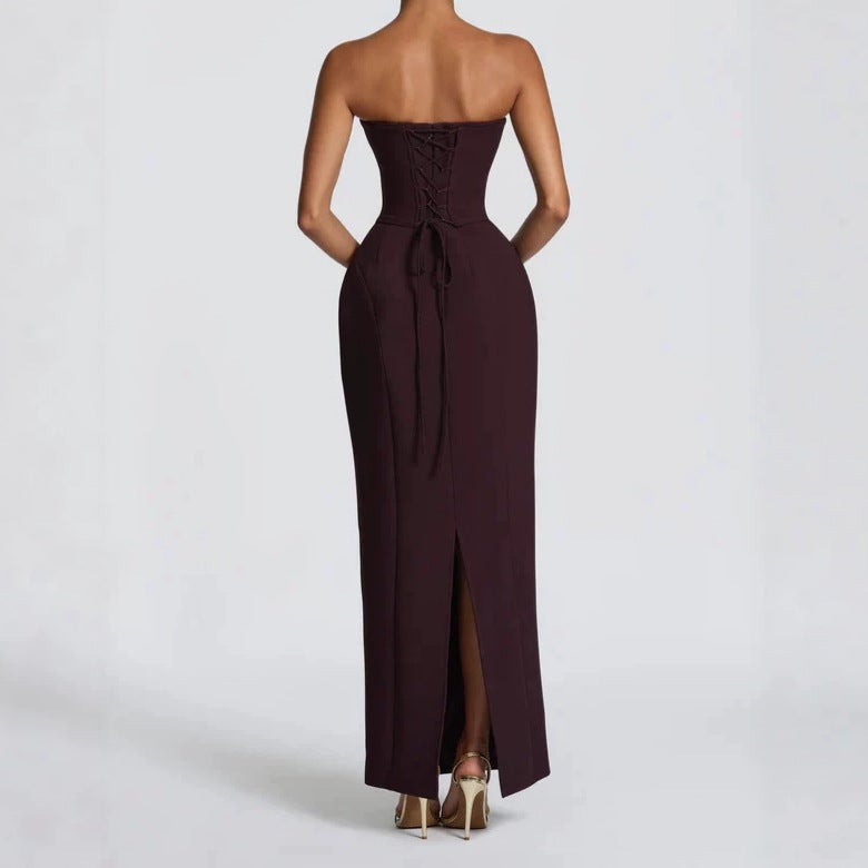 2026 Fashion Export Simple Strapless Waist-Cinching Tie-Back Slit Long Dress - Image 4