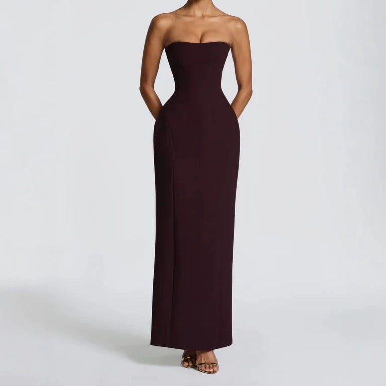 2026 Fashion Export Simple Strapless Waist-Cinching Tie-Back Slit Long Dress - Image 2