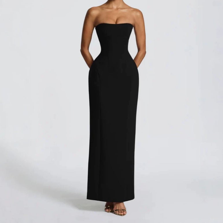 2026 Fashion Export Simple Strapless Waist-Cinching Tie-Back Slit Long Dress - Image 1