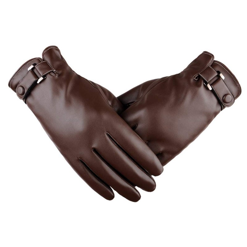 AZYOUNG Men’s Winter Autumn Black Brown PU Leather Plus Thick Velvet Touch Screen Gloves - Image 1
