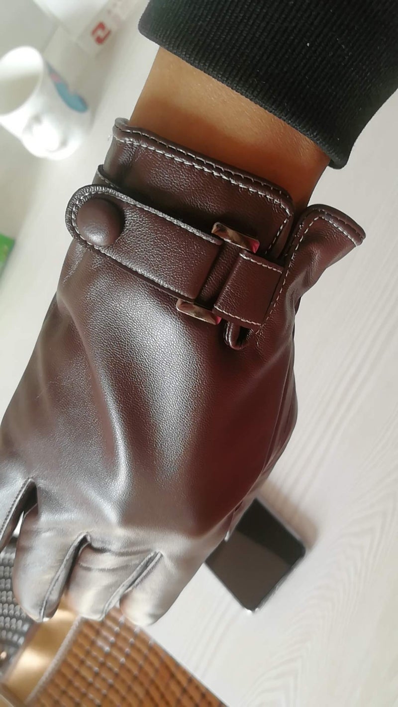 AZYOUNG Men’s Winter Autumn Black Brown PU Leather Plus Thick Velvet Touch Screen Gloves - Image 5
