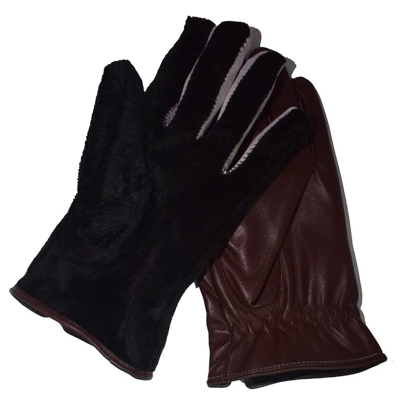 AZYOUNG Men’s Winter Autumn Black Brown PU Leather Plus Thick Velvet Touch Screen Gloves - Image 2