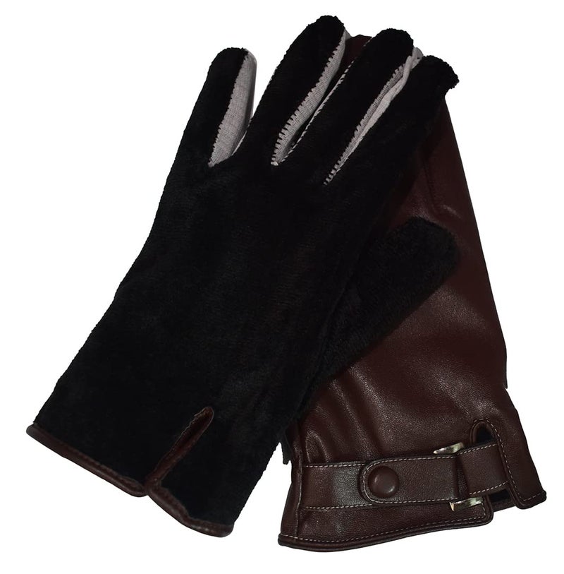 AZYOUNG Men’s Winter Autumn Black Brown PU Leather Plus Thick Velvet Touch Screen Gloves - Image 3