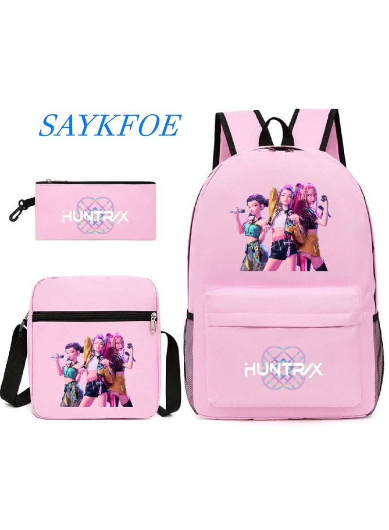 [3PCS] Canvas Bag Set  K-Pop Girl Group Themed -15 Inch Backpack, Crossbody Bag & Pencil Case, Fan Merchandise for School & Travel .It Also Makes a Very Practical Gift (Pink)