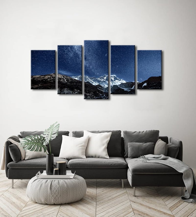 Pyradecor Blue Giclee Canvas Prints Wall Art Starry Night Sky Over Snowy Mountain Pictures Paintings for Living Room Bedroom Home Office Decorations 5 Piece Modern Milky Way Landscape Romance Artwork - Image 2