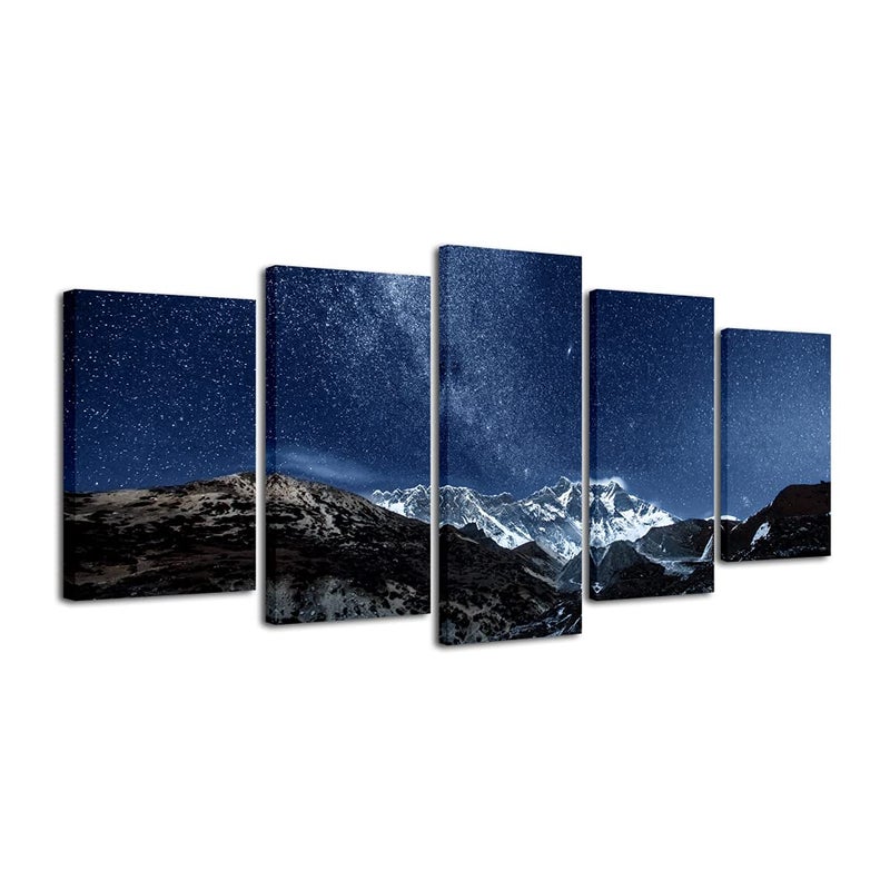 Pyradecor Blue Giclee Canvas Prints Wall Art Starry Night Sky Over Snowy Mountain Pictures Paintings for Living Room Bedroom Home Office Decorations 5 Piece Modern Milky Way Landscape Romance Artwork - Image 1