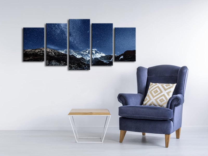 Pyradecor Blue Giclee Canvas Prints Wall Art Starry Night Sky Over Snowy Mountain Pictures Paintings for Living Room Bedroom Home Office Decorations 5 Piece Modern Milky Way Landscape Romance Artwork - Image 5