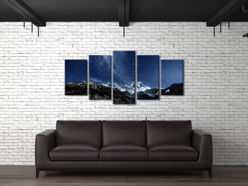 Pyradecor Blue Giclee Canvas Prints Wall Art Starry Night Sky Over Snowy Mountain Pictures Paintings for Living Room Bedroom Home Office Decorations 5 Piece Modern Milky Way Landscape Romance Artwork - Image 3