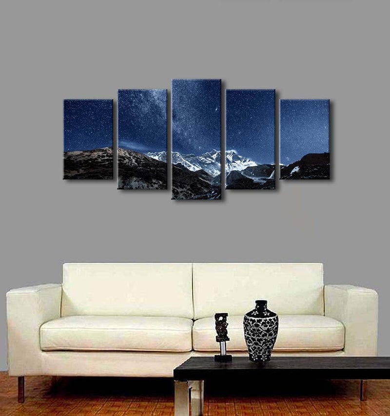 Pyradecor Blue Giclee Canvas Prints Wall Art Starry Night Sky Over Snowy Mountain Pictures Paintings for Living Room Bedroom Home Office Decorations 5 Piece Modern Milky Way Landscape Romance Artwork - Image 4