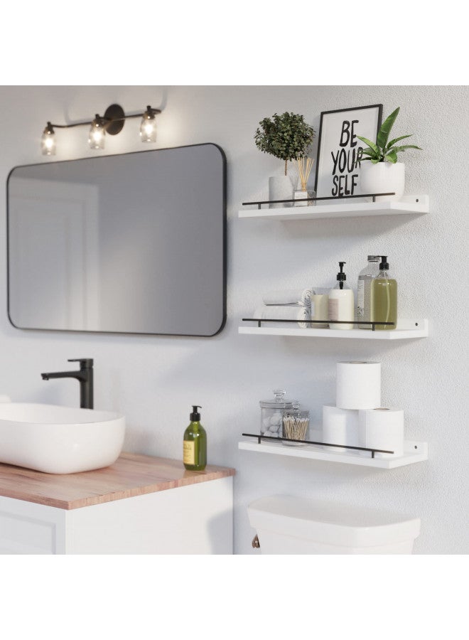 WOPITUES Floating Shelves with Black Metal Guardrail, Shelves for Wall Decor Set of 3, Wall Shelves for Bedroom, Bathroom, Kitchen, Living Room, Plants, Picture Frames, Art- Black and White - Image 2