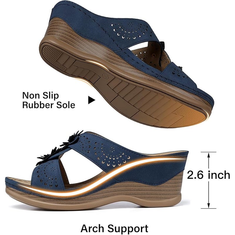 TEMOFON Womens Wedge Sandals Leather: Dressy Sandal, Rubber Sole, Comfortable Walking, Casual Slip on Summer Shoes, Size 5-11 - Image 5
