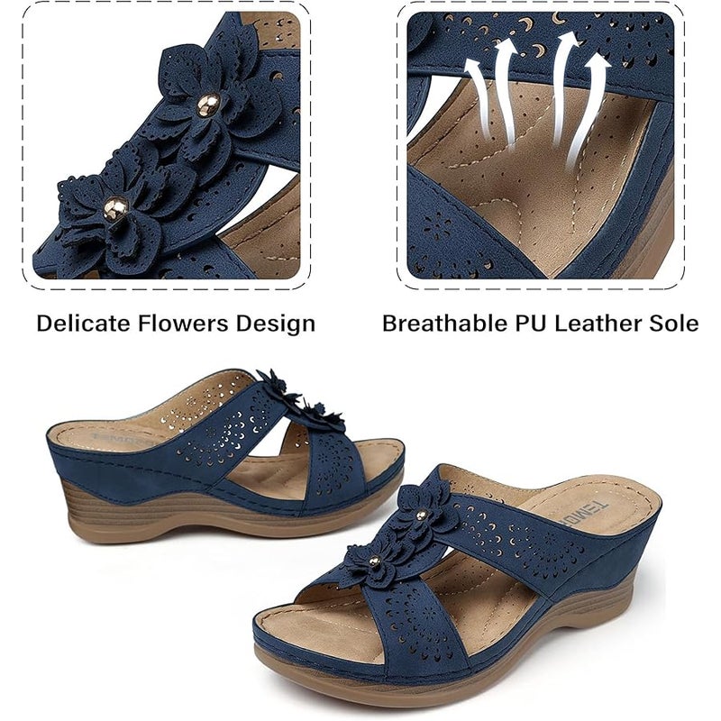 TEMOFON Womens Wedge Sandals Leather: Dressy Sandal, Rubber Sole, Comfortable Walking, Casual Slip on Summer Shoes, Size 5-11 - Image 4