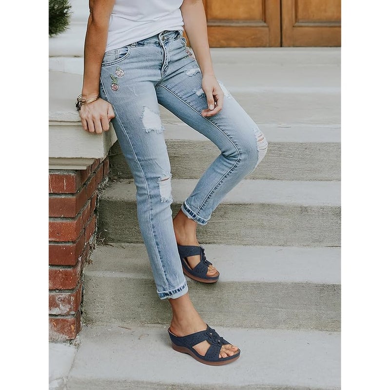 TEMOFON Womens Wedge Sandals Leather: Dressy Sandal, Rubber Sole, Comfortable Walking, Casual Slip on Summer Shoes, Size 5-11 - Image 2