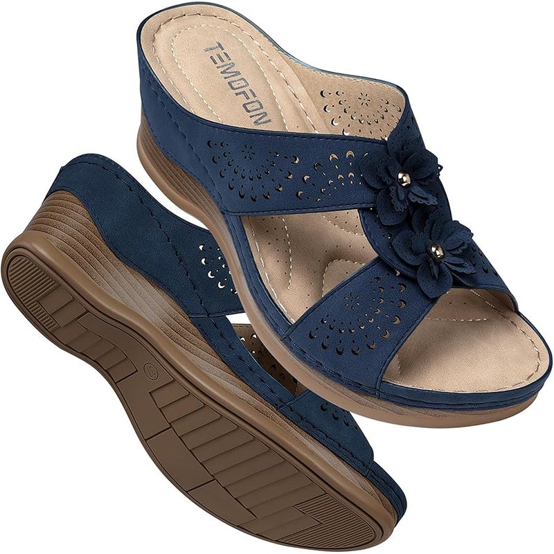 TEMOFON Womens Wedge Sandals Leather: Dressy Sandal, Rubber Sole, Comfortable Walking, Casual Slip on Summer Shoes, Size 5-11 - Image 1