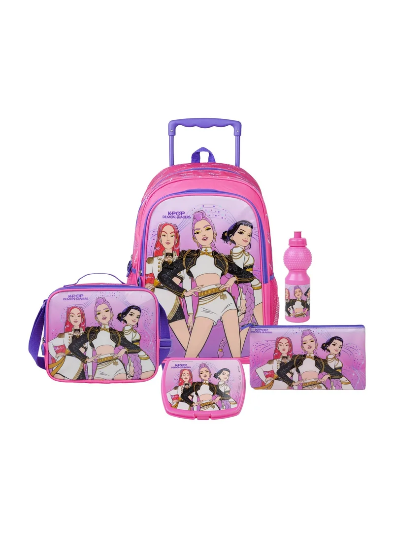 Netflix Netflix K-Pop Demon Hunters 5-in-1 Kids Trolley School Set 18" | Rolling Backpack, Lunch Bag, Lunch Box, Water Bottle & Pencil Case | Water Resistant | Girls School Bag