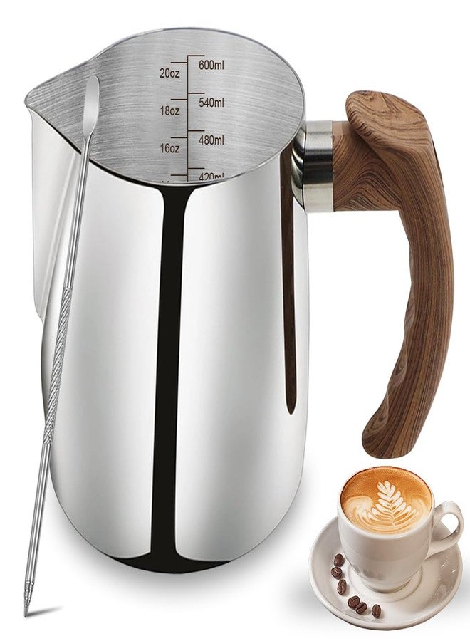 Supvox® 600ml/21Oz Milk Frothing Pitcher with Latte Art Pen, Stainless Steel Milk Frother for Coffee Steel Jug for Cappuccino Barista Steam Pitcher Coffee Accessories Coffee Frother Mug - Image 1