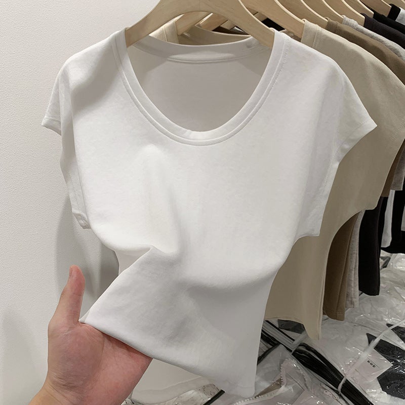 Classic Basic U-Neck Grey All-Match Short-Sleeved T-Shirt Women's American-Style Loose Casual Sleeveless Top Low-Neck Base Shirt - Image 1
