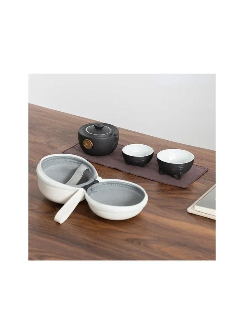 Generic - 1-Set Cat Shape Travel Portable Ceramic Tea Set with Tea Pot/Cups/Storage Bag,Office Home Travel Teaware Gift For Friend - Image 1