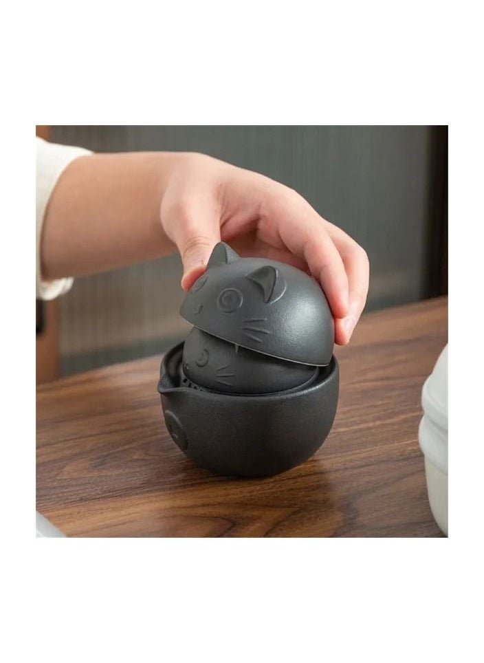 Generic - 1-Set Cat Shape Travel Portable Ceramic Tea Set with Tea Pot/Cups/Storage Bag,Office Home Travel Teaware Gift For Friend - Image 1