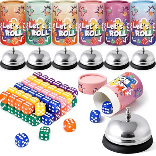 RoundFunny 6 Sets Bunco Game Kit Party Supplies for Ladies Night Family Group Board Games 72 Colorful Dice 6 Bells 6 Dice Cups with Lids Christmas Bunco Gift for Women up to 6 Groups of 212 Players - Image 1