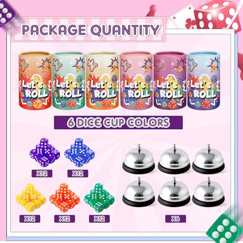 RoundFunny 6 Sets Bunco Game Kit Party Supplies for Ladies Night Family Group Board Games 72 Colorful Dice 6 Bells 6 Dice Cups with Lids Christmas Bunco Gift for Women up to 6 Groups of 212 Players - Image 5
