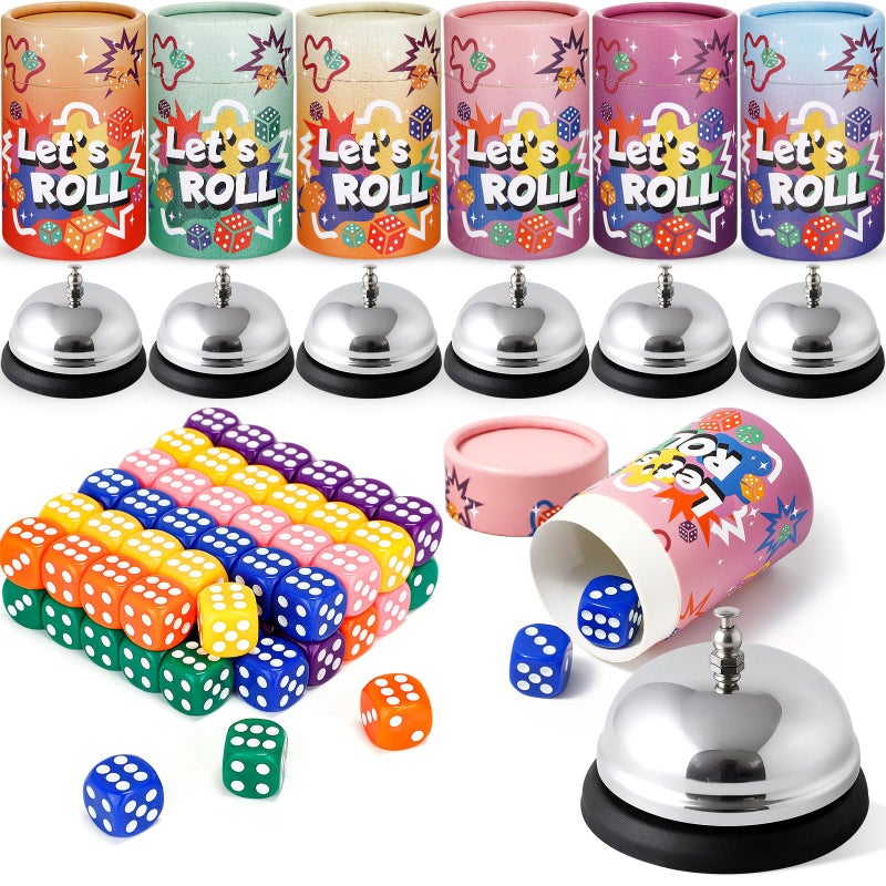 RoundFunny 6 Sets Bunco Game Kit Party Supplies for Ladies Night Family Group Board Games 72 Colorful Dice 6 Bells 6 Dice Cups with Lids Christmas Bunco Gift for Women up to 6 Groups of 212 Players - Image 3