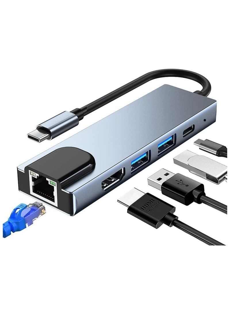 5-in-1 USB-C Hub with RJ45 Ethernet, 4K HDMI, 100W PD Charging & 2 USB 3.0 Ports – Compatible with MacBook Pro/Air & Type-C Devices  - Image 1