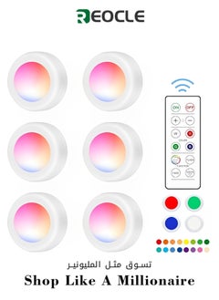 REOCLE 6 Pack LED Puck Lights Battery Operated Under Cabinet Light RGB Color Changing Night Lights Dimmable Push Light for Bathroom Kitchen Bedroom  - Image 1