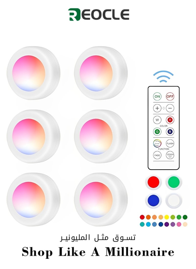 ريوكل - مجموعة من 6 مصابيح LED تعمل بالبطارية تحت الخزانة، مصابيح ليلية متغيرة الألوان RGB، قابلة للتعتيم، للحمام والمطبخ وغرفة النوم - Image 1